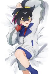 Rule 34 | 1boy, arm up, bed sheet, black hair, blue shirt, blue shorts, blue socks, blush, collared shirt, colored inner hair, commentary request, creatures (company), from above, game freak, gloves, hair between eyes, hairband, jacket, kieran (pokemon), kingyo (kingyo11230), knees, long sleeves, lying, male focus, multicolored hair, necktie, nintendo, on back, open mouth, pokemon, pokemon sv, red gloves, red necktie, shirt, short hair, shorts, single glove, socks, solo, sweatdrop, white jacket, yellow eyes, yellow hairband