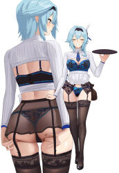 Rule 34 | 1girl, absurdres, apron, ass, ass support, back, black hairband, blue bra, blue hair, blue panties, blush, bra, breasts, chela77, cleavage, eula (genshin impact), full body, garter belt, genshin impact, gluteal fold, hair ornament, hairband, highres, large breasts, legs together, long sleeves, maid apron, medium hair, multiple views, panties, purple eyes, sidelocks, skirt, spread ass, standing, thighhighs, thighs, tray, underwear