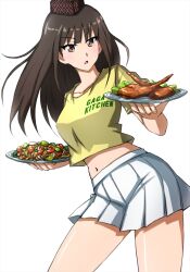 Rule 34 | 1girl, black hair, black hat, brown eyes, clothes writing, cowboy shot, cropped shirt, food, garrison cap, girls und panzer, hat, highres, holding, holding tray, long hair, looking at viewer, midriff, miniskirt, navel, nishizumi shiho, omachi (slabco), pleated skirt, shirt, short sleeves, simple background, skirt, solo, standing, straight hair, t-shirt, tray, waitress, white background, white skirt