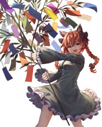 Rule 34 | 1girl, animal ears, bamboo, black bow, bow, braid, cat ears, commentary, commentary request, cowboy shot, dress, frilled sleeves, frills, green dress, hair bow, highres, holding, kaenbyou rin, long hair, long sleeves, looking at viewer, open mouth, red eyes, red hair, simple background, smile, solo, tanabata, tanzaku, touhou, twin braids, white background, yanyan (shinken gomi)