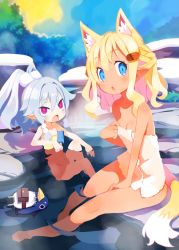 Rule 34 | 2girls, animal ear fluff, animal ears, ao (disgaea), barefoot, blonde hair, blue eyes, breasts, bright pupils, chestnut mouth, day, disgaea, dog ears, dog girl, dog tail, fang, flat chest, food, hair ornament, hairclip, harada takehito, high ponytail, holding, holding food, long hair, looking at viewer, makai senki disgaea 7, multiple girls, naked towel, official art, onse, onsen, open mouth, outdoors, partially submerged, photoshop (medium), pink hair, piririka (disgaea), pointy ears, pom pom (clothes), pom pom hair ornament, popsicle, prinny, sitting, skin fang, small breasts, tail, thick eyebrows, towel, water, white hair