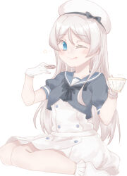 Rule 34 | 1girl, az toride, black jacket, black neckerchief, blue eyes, blue sailor collar, chocolate chip cookie, cookie, cup, dress, food, grey hair, hat, jacket, javelin (kancolle), kantai collection, loose hair strand, neckerchief, one eye closed, sailor collar, sailor hat, short sleeves, simple background, solo, teacup, white background, white dress, white hat