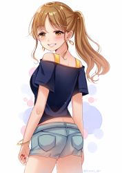 Rule 34 | 1girl, ass, bangle, bare shoulders, blue shirt, blue shorts, blush, bracelet, brown eyes, brown hair, commentary request, earrings, fingernails, from behind, grin, jewelry, long hair, nail polish, off-shoulder shirt, off shoulder, original, parted bangs, ponytail, red nails, sakura hiyori, shirt, short shorts, shorts, sidelocks, smile, solo, white background
