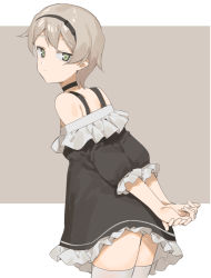 Rule 34 | 1girl, 2l (2lsize), black dress, closed mouth, cowboy shot, dress, from side, green eyes, grey hair, highres, light smile, looking at viewer, original, panties, panty peek, short hair, solo, thighhighs, thighs, tsurime, underwear, white panties, white thighhighs