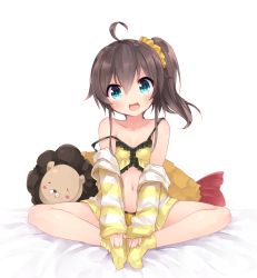 Rule 34 | 1girl, ahoge, breasts, brown hair, butterfly sitting, camisole, cardigan, crop top, highres, hololive, knees apart feet together, legs, long hair, midriff, natsuiro matsuri, natsuiro matsuri (matsuri&#039;s day off), navel, off shoulder, open mouth, scrunchie, short shorts, shorts, side ponytail, simple background, sitting, small breasts, smile, socks, solo, strap slip, striped cardigan, stuffed animal, stuffed toy, tamase tama, thighs, virtual youtuber, white background, yellow camisole, yellow footwear, yellow shorts