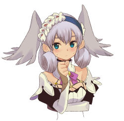 Rule 34 | 1girl, blue eyes, blue hairband, blush, bow, breasts, cleavage, closed mouth, cropped torso, eushima (sgr), grey hair, grey wings, hairband, hand up, head wings, highres, medium breasts, melia antiqua, pink bow, puffy short sleeves, puffy sleeves, short sleeves, simple background, solo, sweat, upper body, white background, wings, xenoblade chronicles (series), xenoblade chronicles 1