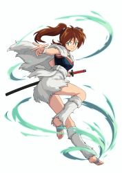 Rule 34 | 1girl, absurdres, armor, ayame (inuyasha), bandaged foot, bandages, barefoot, breastplate, brown hair, cloak, fur, fur cloak, fur skirt, green eyes, highres, inuyasha, jewelry, katana, leg warmers, long hair, necklace, non-web source, official art, pointy ears, sheath, sheathed, soles, standing, standing on one leg, sword, transparent background, twintails, weapon, wolf girl, wristband