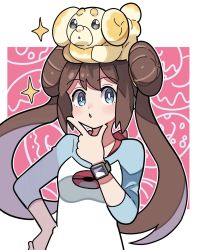Rule 34 | 1girl, blue eyes, blush, border, breasts, bright pupils, brown hair, commentary request, creatures (company), double bun, fidough, game freak, hair bun, hand on own chin, hand on own hip, hand up, highres, long hair, nintendo, on head, outside border, pink background, pokemon, pokemon (creature), pokemon bw2, pokemon on head, raglan sleeves, rosa (pokemon), shirt, sparkle, stroking own chin, sutokame, twintails, upper body, white border, white pupils