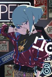 Rule 34 | bracelet, choker, contemporary, earrings, green hair, jacket, jewelry, lio fotia, long sleeves, looking at viewer, male focus, middle finger, neon lights, pants, promare, purple eyes, shirikon, short hair, solo focus, spiked choker, spikes, tattoo