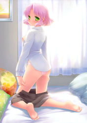 Rule 34 | 1girl, absurdres, barefoot, blush, breasts, cafe sourire, clothes pull, dress shirt, feet, green eyes, highres, kneeling, looking at viewer, looking back, mizushima kasumi, natsume eri, nipples, on bed, panties, parted bangs, pink hair, pink panties, scan, shirt, short hair, skirt, skirt pull, smile, soles, solo, toes, underwear
