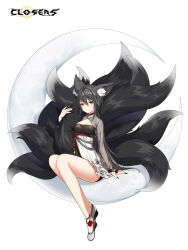 Rule 34 | 1girl, alternate hair color, animal ear fluff, animal ears, ankle bell, arm support, black dress, black footwear, black hair, black sleeves, black tail, breasts, cleavage cutout, closers, clothing cutout, copyright name, crescent, dot mouth, dress, eunha (closers), expressionless, fingernails, fox ears, fox girl, fox tail, full body, green eyes, hand up, high heels, highres, holding own tail, kitsune, kyuubi, layered dress, logo, long fingernails, long hair, long sleeves, looking at viewer, low twintails, medium breasts, multiple tails, official art, on crescent, see-through, see-through sleeves, sitting, solo, tail, twintails, two-tone dress, underwear, wedge heels, white background, white dress
