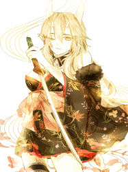 Rule 34 | 1girl, ayakashi onmyouroku, bare shoulders, blonde hair, bow, breasts, colored eyelashes, demon girl, demon horns, detached collar, floral print, frills, fur trim, highres, holding, holding sword, holding weapon, horns, japanese clothes, katana, kimono, legband, long hair, long sleeves, off shoulder, one eye closed, open mouth, parted lips, pink bow, pointy ears, red eyes, shiku (49), shuten douji (ayakashi), simple background, solo, sword, weapon, white background