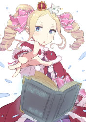 Rule 34 | 10s, 1girl, beatrice (re:zero), blonde hair, blue eyes, blush, book, bug, butterfly, butterfly-shaped pupils, capelet, crown, drill hair, frilled ribbon, frills, fur trim, hair ribbon, bug, maruhana, mini crown, on head, open book, outstretched arm, pink ribbon, puck (re:zero), re:zero kara hajimeru isekai seikatsu, ribbon, simple background, solo, symbol-shaped pupils, triangle mouth, twintails, white background