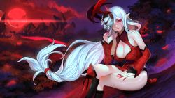 Rule 34 | 1girl, alternate costume, alternate eye color, alternate skin color, bare shoulders, black legwear, breasts, cleavage, detached sleeves, highres, horns, in tree, large breasts, league of legends, crossed legs, long hair, looking at viewer, low-tied long hair, mask, moon, nail polish, one eye covered, outdoors, pink eyes, pointy ears, red legwear, red moon, red nails, shin guards, single horn, sitting, smile, solo, soraka (league of legends), tianlluo, tree, white hair