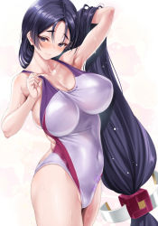 Rule 34 | 1girl, arm up, armpits, blush, breasts, cle masahiro, cleavage, competition swimsuit, covered navel, cowboy shot, fate/grand order, fate (series), highres, huge breasts, long hair, looking at viewer, low-tied long hair, minamoto no raikou (fate), one-piece swimsuit, parted bangs, purple eyes, purple hair, sideboob, smile, solo, standing, swimsuit, very long hair, wet