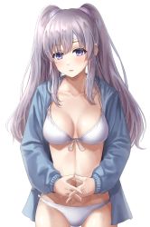 Rule 34 | 1girl, asarime, bandaid, bandaid on face, bandaid on forehead, bikini, bikini under clothes, blue jacket, blush, breasts, cleavage, collarbone, cowboy shot, highres, idolmaster, idolmaster shiny colors, jacket, long hair, long sleeves, medium breasts, navel, open clothes, open jacket, own hands together, parted lips, purple eyes, purple hair, sidelocks, simple background, solo, sweat, swimsuit, twintails, very long hair, white background, white bikini, yukoku kiriko