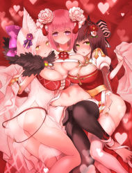 Rule 34 | 3girls, animal ears, arch bishop (ragnarok online), ass, bangle, barefoot, black pants, blush, bow, bracelet, breasts, brown hair, budget sarashi, cleavage, cleavage cutout, closed mouth, clothes around waist, clothing cutout, commentary request, cross, cross necklace, detached sleeves, dress, feet out of frame, flame print, flower, foot out of frame, fox ears, fur collar, garter straps, green eyes, groin, hair between eyes, hair bow, hair flower, hair ornament, heart, heart-shaped pupils, highres, jewelry, juliet sleeves, large breasts, long hair, long sleeves, looking at viewer, multiple girls, navel, necklace, no panties, omanjuu (tamppcn), open mouth, pants, pelvic curtain, pink eyes, pink hair, puffy sleeves, purple bow, ragnarok online, red background, red flower, sarashi, sash, see-through, see-through dress, shirt, shirt around waist, sleeveless, sleeveless dress, smile, sorcerer (ragnarok online), stacked breasts, sura (ragnarok online), symbol-shaped pupils, thighhighs, two-tone dress, white dress, white flower, white shirt, white sleeves, white thighhighs, yellow eyes, yellow sash