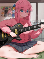 Rule 34 | 1girl, barefoot, blue eyes, blue skirt, bocchi the rock!, closed mouth, crossed legs, cube hair ornament, feet, gotoh hitori, guitar, hair ornament, highres, holding, holding instrument, hylran0427, indoors, instrument, jacket, lotus position, miniskirt, on floor, one side up, panties, photo (object), pink hair, pink jacket, pleated skirt, signature, skirt, solo, thighs, track jacket, underwear, upskirt, white panties