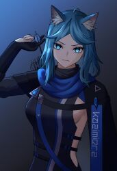 Rule 34 | 1girl, ahoge, animal ears, arknights, arrow (projectile), black gloves, black shirt, blue background, blue eyes, blue hair, blue scar, breasts, cat ears, commentary, gloves, gradient background, grey background, highres, large breasts, long hair, looking at viewer, monique (arknights), random no.39576, shirt, solo, upper body