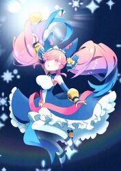 Rule 34 | 1girl, arm up, blue hair, breasts, cleo (dragalia lost), detached sleeves, dragalia lost, dress, full body, hair ornament, holding, holding wand, large breasts, multicolored hair, open mouth, pink eyes, pink hair, short hair, solaria aa, solo, teeth, twintails, two-tone hair, very short hair, wand