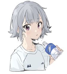Rule 34 | 1girl, blouse, bottle, cevio, commentary, cropped torso, grey hair, highres, holding, holding bottle, koharu rikka, looking at viewer, parted lips, purple eyes, shirt, short hair, simple background, sketch, solo, sweat, synthesizer v, teshima nari, upper body, white background, white shirt
