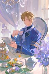 Rule 34 | 1boy, banquet of vesta, blonde hair, blue jacket, buttons, cake, cake slice, chair, chandelier, closed mouth, cup, curtained hair, curtains, denpa0304, double-breasted, expressionless, flower, food, fruit, grapes, grey eyes, hair between eyes, highres, holding, holding cup, holding newspaper, jacket, lapels, lucien (banquet of vesta), male focus, mole, mole under eye, muntins, neckerchief, newspaper, orange (fruit), phonograph, purple flower, reading, sandwich, saucer, short hair, sitting, solo, steam, sunlight, swiss roll, table, teacup, teapot, tiered tray, upper body, vase, white neckerchief, window