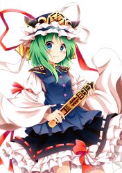 Rule 34 | 1girl, black skirt, blue eyes, blush, buttons, chikuwa savy, crown, epaulettes, frilled skirt, frills, green hair, grin, happy, hat, hat ribbon, highres, long sleeves, looking at viewer, petticoat, red ribbon, ribbon, ribbon-trimmed skirt, ribbon trim, rod of remorse, shiki eiki, simple background, skirt, smile, solo, standing, teeth, touhou, vest, white background, white ribbon, wide sleeves