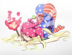 Rule 34 | 1girl, all fours, american flag dress, american flag legwear, ass, bad id, bad twitter id, blonde hair, blush, bored, clownpiece, fairy wings, feet, fire, hat, holding, jester cap, light blush, long hair, looking at viewer, maunten deyuu, on ground, pantyhose, polka dot, purple eyes, simple background, sketch, solo, striped clothes, striped pantyhose, striped thighhighs, thighhighs, top-down bottom-up, torch, touhou, very long hair, white background, wings