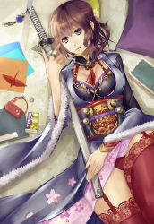 Rule 34 | 1girl, bad id, bad pixiv id, blush, body blush, breasts, brown eyes, brown hair, cleavage, coin purse, embellished costume, fur trim, garter straps, japanese clothes, katana, kibamigohann, lace, lace-trimmed legwear, lace trim, large breasts, legs, origami, original, panties, paper crane, red panties, red thighhighs, shiny skin, solo, sword, thighhighs, thighs, underwear, weapon