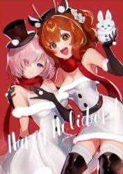 Rule 34 | 2girls, :d, alternate costume, arm around shoulder, bare shoulders, black footwear, black gloves, black headwear, blush, boots, breasts, cleavage, closed mouth, commentary request, dress, elbow gloves, eyes visible through hair, fake antlers, fate/grand order, fate (series), fou (fate), fujimaru ritsuka (female), fur-trimmed dress, fur-trimmed gloves, fur trim, galibo, gloves, hair over one eye, happy holidays, hat, highres, holding, looking at viewer, mash kyrielight, medium breasts, multiple girls, one side up, open mouth, orange eyes, orange hair, pink hair, purple eyes, red scarf, scarf, short hair, smile, snowman, teeth, thigh boots, thighhighs, thighhighs under boots, top hat, upper teeth only, white dress, zettai ryouiki