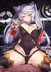 Rule 34 | 1girl, animal ears, bare shoulders, black leotard, black thighhighs, blue robe, blush, braid, braided bangs, breasts, closed mouth, covered navel, erune, fraux, granblue fantasy, highleg, highleg leotard, highres, large breasts, leotard, long hair, long sleeves, looking at viewer, mathiamo13, nipples, off shoulder, one breast out, open clothes, open robe, orange eyes, robe, silver hair, smile, solo, spread legs, swept bangs, thighhighs, thighs, twintails, unaligned breasts