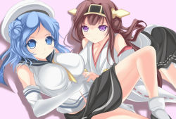 Rule 34 | 10s, 2girls, bad id, bad pixiv id, blue eyes, blue hair, brown hair, detached sleeves, elbow gloves, gloves, hat, headgear, highres, japanese clothes, kantai collection, kongou (kancolle), long hair, marionette (excle), multiple girls, personification, purple eyes, school uniform, serafuku, sleeves rolled up, urakaze (kancolle), white hat