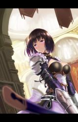 Rule 34 | 1girl, absurdres, aiu eo, arm belt, armor, bad id, bad pixiv id, belt, black hair, blunt bangs, blush, bob cut, breasts, cleavage cutout, closed mouth, clothing cutout, commentary request, dress, erika (shadowverse), frills, gauntlets, gloves, highres, holding, holding sword, holding weapon, indoors, jewelry, juliet sleeves, letterboxed, long sleeves, looking away, medium breasts, pauldrons, pendant, pink lips, puffy sleeves, purple dress, purple eyes, scabbard, shadowverse, sheath, sheathed, short hair, shoulder armor, skirt, smile, solo, standing, sword, upper body, weapon
