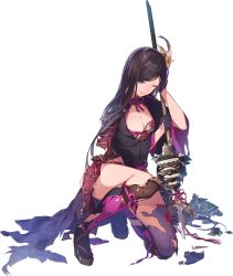 Rule 34 | 1girl, ;(, artist request, black gloves, black hair, breasts, broken spear, cleavage, full body, gloves, grey eyes, hair ornament, holding, holding polearm, holding spear, holding weapon, iyo matsuyama (oshiro project), kneeling, large breasts, long hair, official art, on one knee, oshiro project:re, oshiro project:re, parted bangs, polearm, solo, spear, torn clothes, transparent background, very long hair, weapon