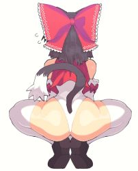 Rule 34 | 1girl, ass, ass focus, bare shoulders, black hair, bow, brown footwear, cat tail, detached sleeves, fidgeting, from behind, full body, hair bow, hakurei reimu, highres, inkerton-kun, leotard, long hair, red bow, simple background, skindentation, solo, spread legs, squatting, tail, thick thighs, thighhighs, thighs, tiptoes, touhou, white background, white leotard, white thighhighs