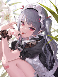 Rule 34 | 1girl, apron, bandaid, bandaid on hand, bandaid on knee, bandaid on leg, black dress, black nails, blush, cigarette, dress, ear piercing, flower, frilled sleeves, frills, from side, grey hair, hair ornament, heart, heart hair ornament, highres, holding, holding cigarette, knees up, long hair, maid, maid headdress, multicolored nails, nail polish, okuma mai, original, piercing, pink nails, puffy short sleeves, puffy sleeves, red eyes, short sleeves, sideways glance, solo, tongue, tongue out, twintails, white apron, white flower, wrist cuffs