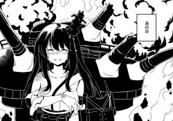 Rule 34 | 10s, 1girl, comic, crying, explosion, fusou (kancolle), greyscale, japanese clothes, kantai collection, long hair, monochrome, niichi (komorebi-palette), solo, translation request