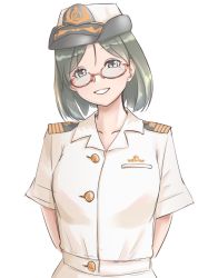 Rule 34 | 1girl, alternate costume, arms behind back, black hair, epaulettes, glasses, hat, head tilt, highres, japan maritime self-defense force, japan self-defense force, kantai collection, kirishima (kancolle), looking at viewer, military, military hat, military uniform, naval uniform, parted bangs, red-framed eyewear, reizou, short hair, simple background, smile, solo, uniform, upper body, white background, white hat