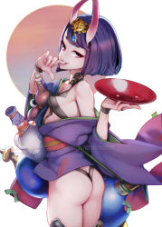 Rule 34 | 1girl, alcohol, ass, ataruman, bare shoulders, bob cut, bottle, butt crack, commentary request, cowboy shot, cup, fang, fate/grand order, fate (series), finger to mouth, gourd, head tilt, highres, horns, japanese clothes, jewelry, kimono, looking at viewer, obi, off shoulder, open clothes, open kimono, purple eyes, purple hair, purple kimono, revealing clothes, sakazuki, sake, sash, short hair, shuten douji (fate), simple background, single bare shoulder, skin-covered horns, smile, solo, thighs, tongue, watermark, white background