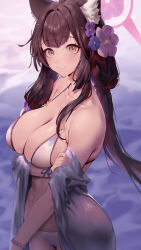 Rule 34 | 1girl, absurdres, animal ear fluff, animal ears, bikini, blue archive, blush, breasts, brown hair, cleavage, flower, fox ears, grey shawl, hair flower, hair intakes, hair ornament, halo, halterneck, highres, large breasts, looking at viewer, no tail, official alternate costume, rororo, shawl, skindentation, smile, solo, swimsuit, wakamo (blue archive), wakamo (swimsuit) (blue archive), white bikini