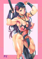 Rule 34 | 1girl, abs, absurdres, aged down, armlet, armpits, arms up, bikini, black hair, blue eyes, boots, border, breasts, cattleya (queen&#039;s blade), f.s., flower, flower on head, highres, holding, holding weapon, huge breasts, lips, looking at viewer, muscular, muscular female, nipples, queen&#039;s blade, revealing clothes, sweat, swimsuit, sword, thick thighs, thighs, weapon