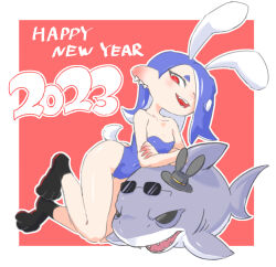 Rule 34 | 1girl, 2023, ass, blue hair, chinese zodiac, collarbone, crossed arms, earrings, hair over one eye, hat, kneeling, leaning forward, leotard, looking at viewer, nintendo, octoling, open mouth, outside border, playboy bunny, rabbit ears, rabbit paws, rabbit tail, red background, red eyes, shiver (splatoon), smile, solo, splatoon (series), splatoon 3, stuffed animal, stuffed shark, stuffed toy, sunglasses on head, tentacle hair, tooth earrings, year of the rabbit