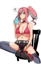 Rule 34 | !, 1girl, ?, azur lane, bad id, bad pixiv id, bare shoulders, bikini, black thighhighs, breasts, bremerton (azur lane), chair, cleavage, collarbone, commentary request, drink, drinking, drinking straw, front-tie bikini top, front-tie top, grey hair, hair between eyes, hair ornament, hairclip, highres, large breasts, looking at viewer, multicolored hair, nail polish, navel, navel piercing, piercing, pink bikini, pink eyes, pink hair, shiny skin, skindentation, speech bubble, spoken exclamation mark, spoken question mark, streaked hair, swimsuit, thighhighs, twintails, yani (nokori life1)