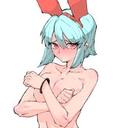 Rule 34 | 1girl, animal ears, aqua hair, blush, bracelet, breasts, cleavage, clenched hands, collarbone, covering breasts, covering privates, crossed arms, dokunasubi, double-parted bangs, fake animal ears, furrowed brow, hair between eyes, jewelry, looking at viewer, nude, original, red eyes, sidelocks, simple background, solo, upper body, white background
