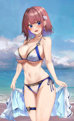 Rule 34 | 1girl, :d, bare arms, bare shoulders, beach, bikini, blue eyes, borrowed character, breasts, brown hair, cleavage, commentary request, covered erect nipples, cowboy shot, cropped jacket, day, earrings, groin, hair ornament, hairclip, halterneck, highres, hitoyo (baffu), holding, jacket, jewelry, large breasts, looking at viewer, nail polish, navel, open mouth, original, outdoors, ru zhai, short hair, side-tie bikini bottom, sidelocks, skindentation, smile, solo, standing, stomach, string bikini, swimsuit, thigh strap, thighs, unworn jacket, wet, white bikini, white jacket