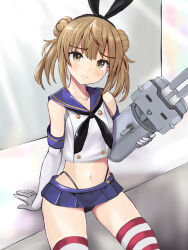 Rule 34 | 1girl, black neckerchief, black panties, blue skirt, blush, breasts, brown eyes, brown hair, cosplay, cowboy shot, crop top, double bun, elbow gloves, gloves, hair bun, hairband, highleg, highleg panties, highres, kantai collection, light brown hair, looking at viewer, michishio (kancolle), microskirt, navel, neckerchief, panda sasasa, panties, rensouhou-chan, shimakaze (kancolle), shimakaze (kancolle) (cosplay), short hair, short twintails, sitting, skirt, small breasts, smile, solo, striped clothes, striped thighhighs, thighhighs, twintails, underwear, white gloves