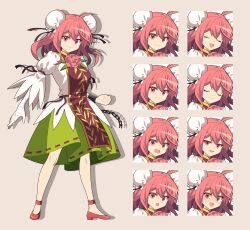 1girl 4rion absurdres ahoge bandaged_arm bandages breasts bun_cover chinese_clothes closed_eyes closed_mouth commentary_request cuffs double_bun false_arm false_limb flats flower full_body green_skirt hair_bun highres ibaraki_kasen medium_breasts medium_hair medium_skirt multiple_expressions open_mouth pink_eyes pink_flower pink_footwear pink_hair pink_rose puffy_short_sleeves puffy_sleeves red_tabard ribbon-trimmed_skirt ribbon_trim rose shackles shirt short_sleeves skirt smile solo standing tabard tachi-e touhou v-shaped_eyebrows white_shirt