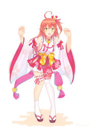 Rule 34 | 1girl, absurdres, ahoge, bare shoulders, bell, breasts, bridal garter, cherry blossom print, commentary, detached sleeves, floral print, frills, full body, hair bell, hair between eyes, hair ornament, hairclip, highres, hololive, kaaaiyaya, nontraditional miko, open mouth, paw pose, paw print, paw print pattern, pink hair, sakura miko, sakura miko (1st costume), sandals, sideboob, single sock, single thighhigh, socks, solo, thighhighs, virtual youtuber, white background, white socks, wide sleeves