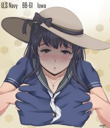 Rule 34 | 10s, 1girl, absurdres, black hair, blue sailor collar, blush, breasts, brown eyes, character name, collarbone, commentary, cross, cross necklace, deep skin, hat, highres, iowa (pacific), jay87k, jewelry, kantai collection, large breasts, looking at viewer, mole, mole under eye, necklace, open mouth, original, pacific (kancolle), pendant, sailor collar, school uniform, grabbing own breast, serafuku, shaded face, short sleeves, solo, sun hat, upper body, uss iowa (bb-61)