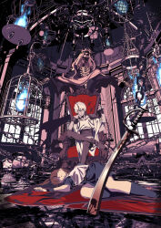 1girl 2boys absurdres arle_nadja armor birdcage blood bloody_weapon blue_boots blue_fire blue_skirt boots breastplate broken_glass broken_window brown_hair cage chain chandelier checkered_floor closed_eyes closed_mouth commentary crossed_legs crown_of_thorns edoya_inuhachi fire full_body glass hand_on_own_chin hand_up highres indoors ligne_claire long_hair looking_at_viewer lying madou_monogatari multiple_boys on_floor on_side outstretched_arms parted_bangs pauldrons pillar planted planted_sword planted_weapon ponytail puyopuyo robe rug runelord_(madou_monogatari) schezo_wegey short_hair shoulder_armor sitting skeleton skirt smile sword throne tile_floor tiles weapon white_hair white_robe wristband